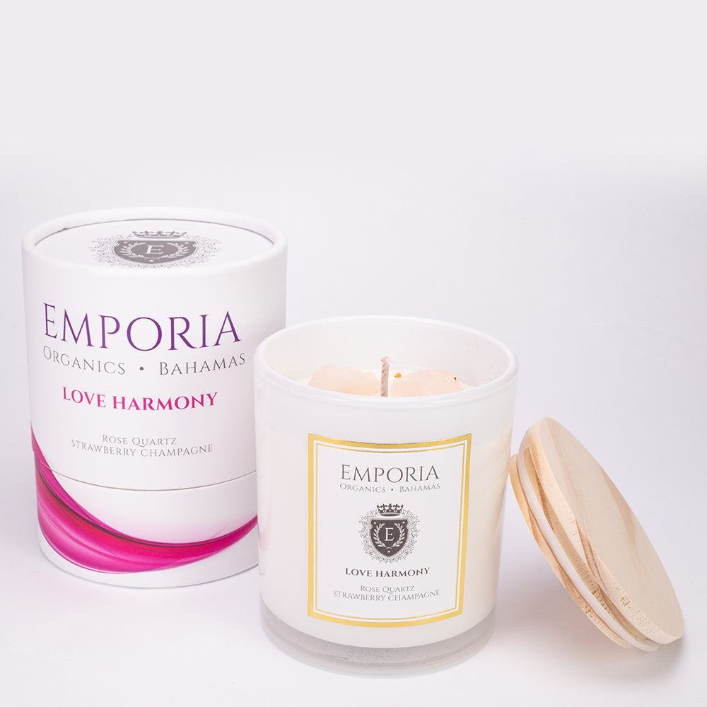 Vela de vidrio orgánico de Emporia BAHAMAS - LOVE HARMONY, con cuarzo rosa, aroma de fresa y champán, 100 % cera de soja, 230 g 2 