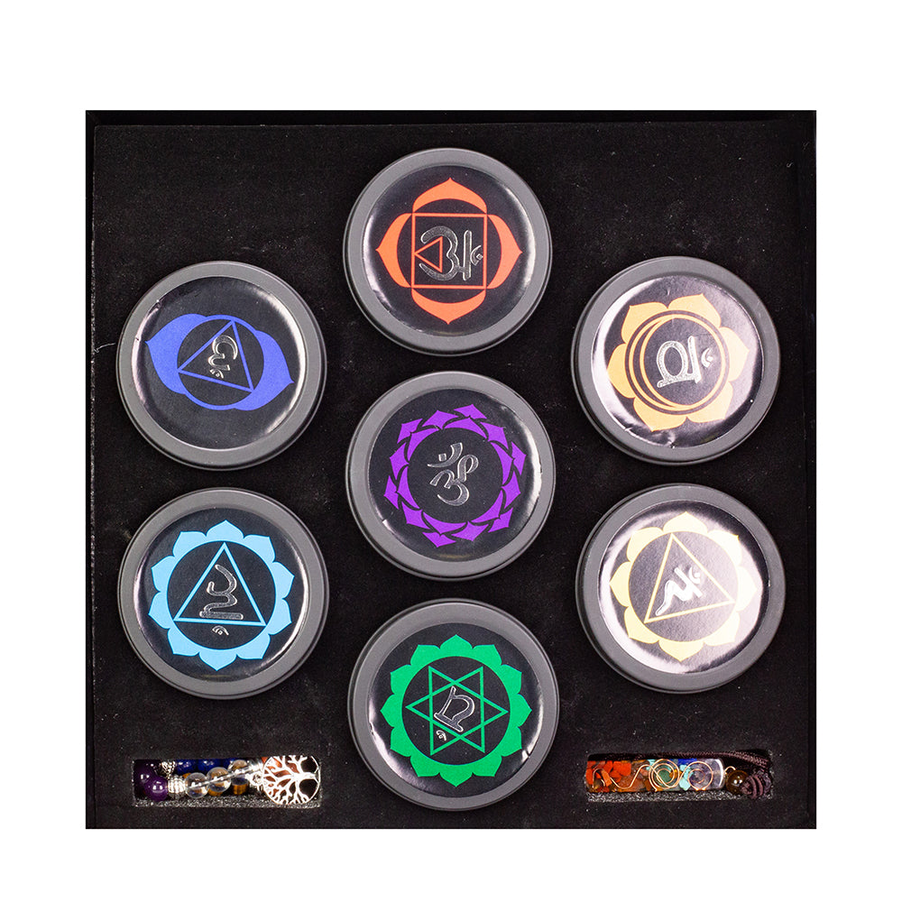 Juego de regalo Emporia de 9 piezas de 7 velas de cristal de chakra, colgante de chakra y pulsera de chakra con amatista, lapislázuli, citrino, aventurina verde, ojo de tigre, jaspe rojo y cuarzo transparente