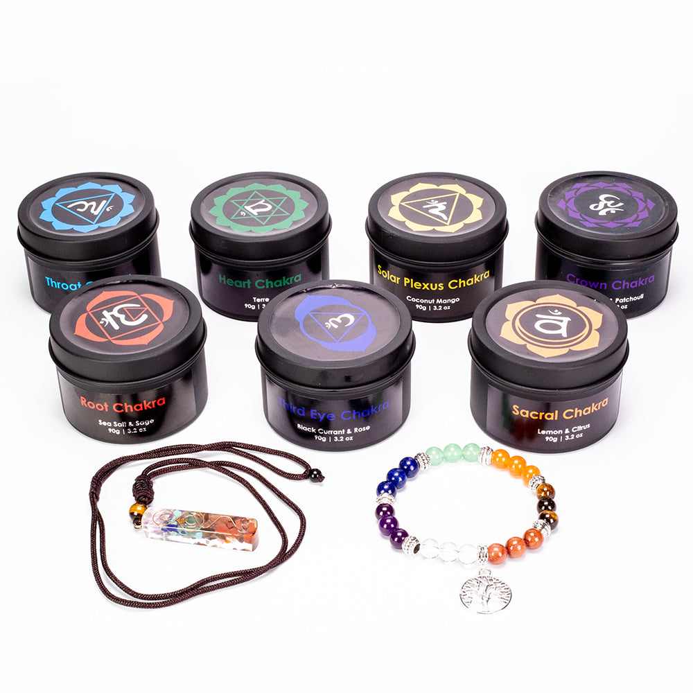 Juego de regalo Emporia de 9 piezas de 7 velas de cristal de chakra, colgante de chakra y pulsera de chakra con amatista, lapislázuli, citrino, aventurina verde, ojo de tigre, jaspe rojo y cuarzo transparente