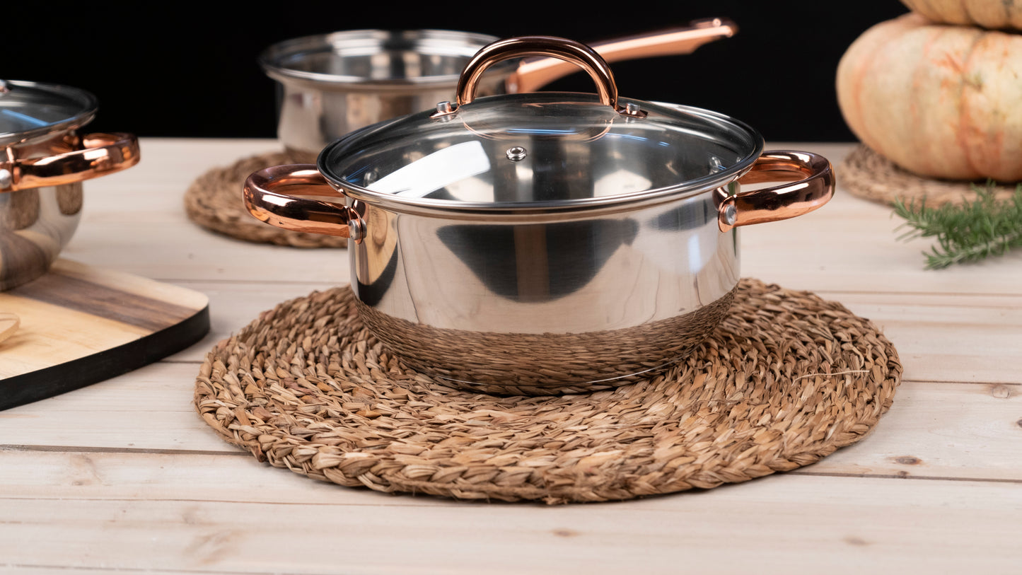 Juego de 5 piezas de utensilios de cocina de acero inoxidable y vidrio, color plata-oro rosa
