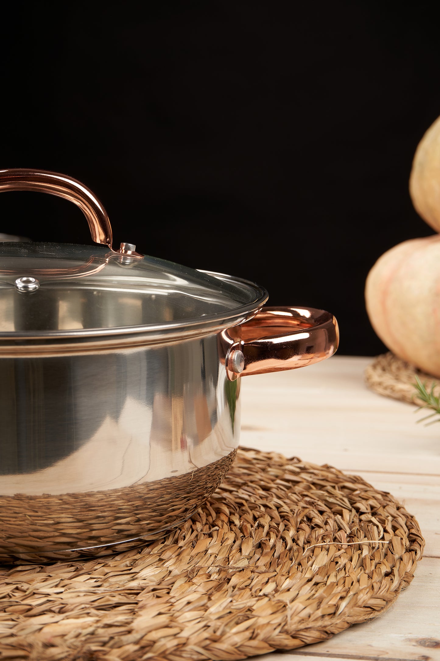Juego de 5 piezas de utensilios de cocina de acero inoxidable y vidrio, color plata-oro rosa