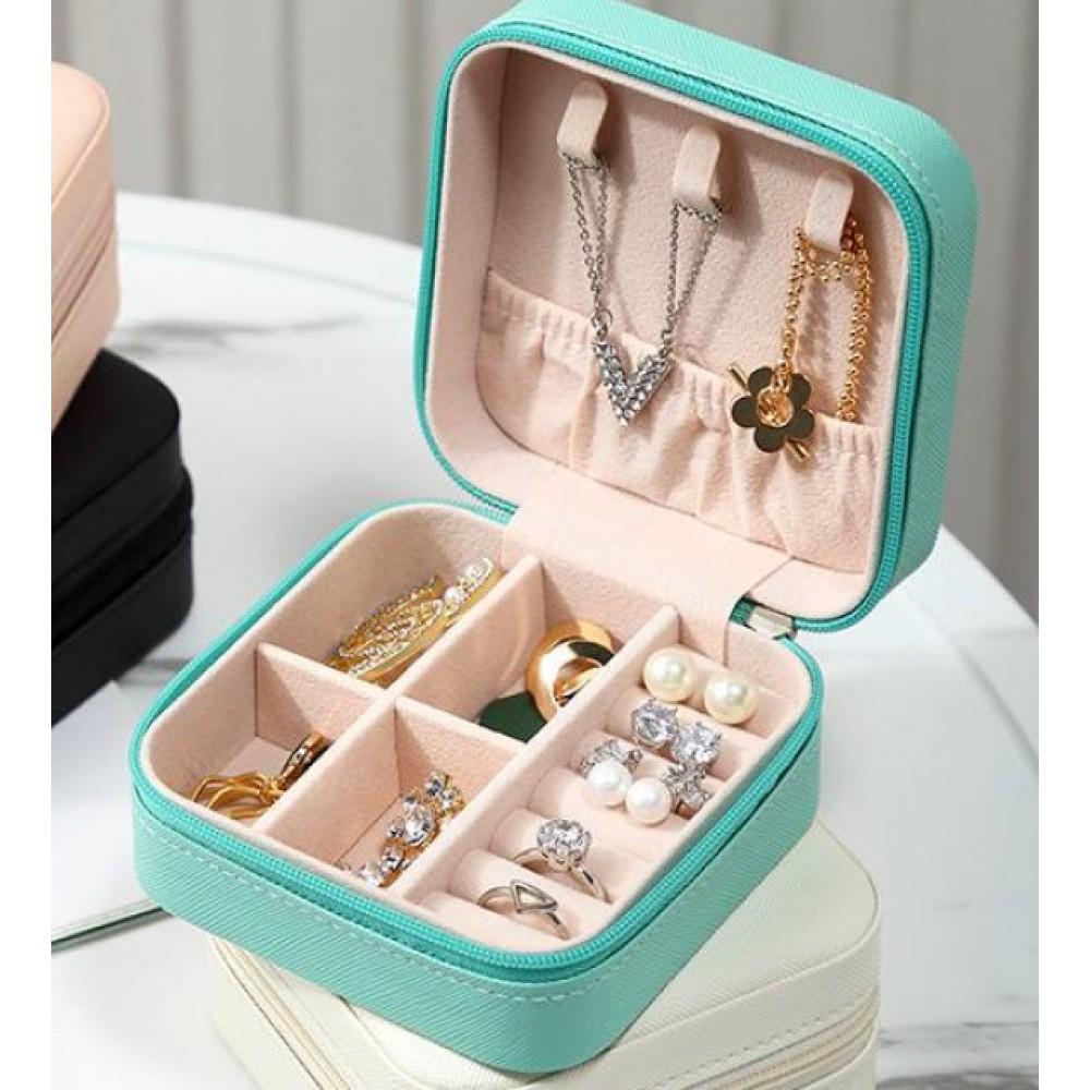 Caja organizadora de joyas de terciopelo y cuero de PU, turquesa 3 