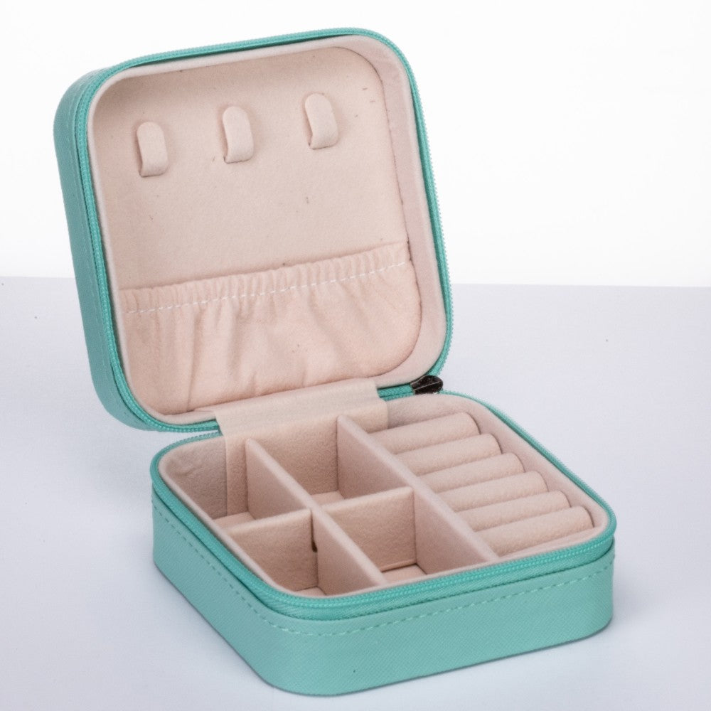 Caja organizadora de joyas de terciopelo y cuero de PU, turquesa 2 