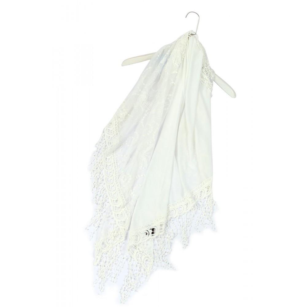Bufanda-chal trapezoidal de algodón, 80 cm x 198 cm x 70 cm, estampado de encaje de mariposa, blanco 3 