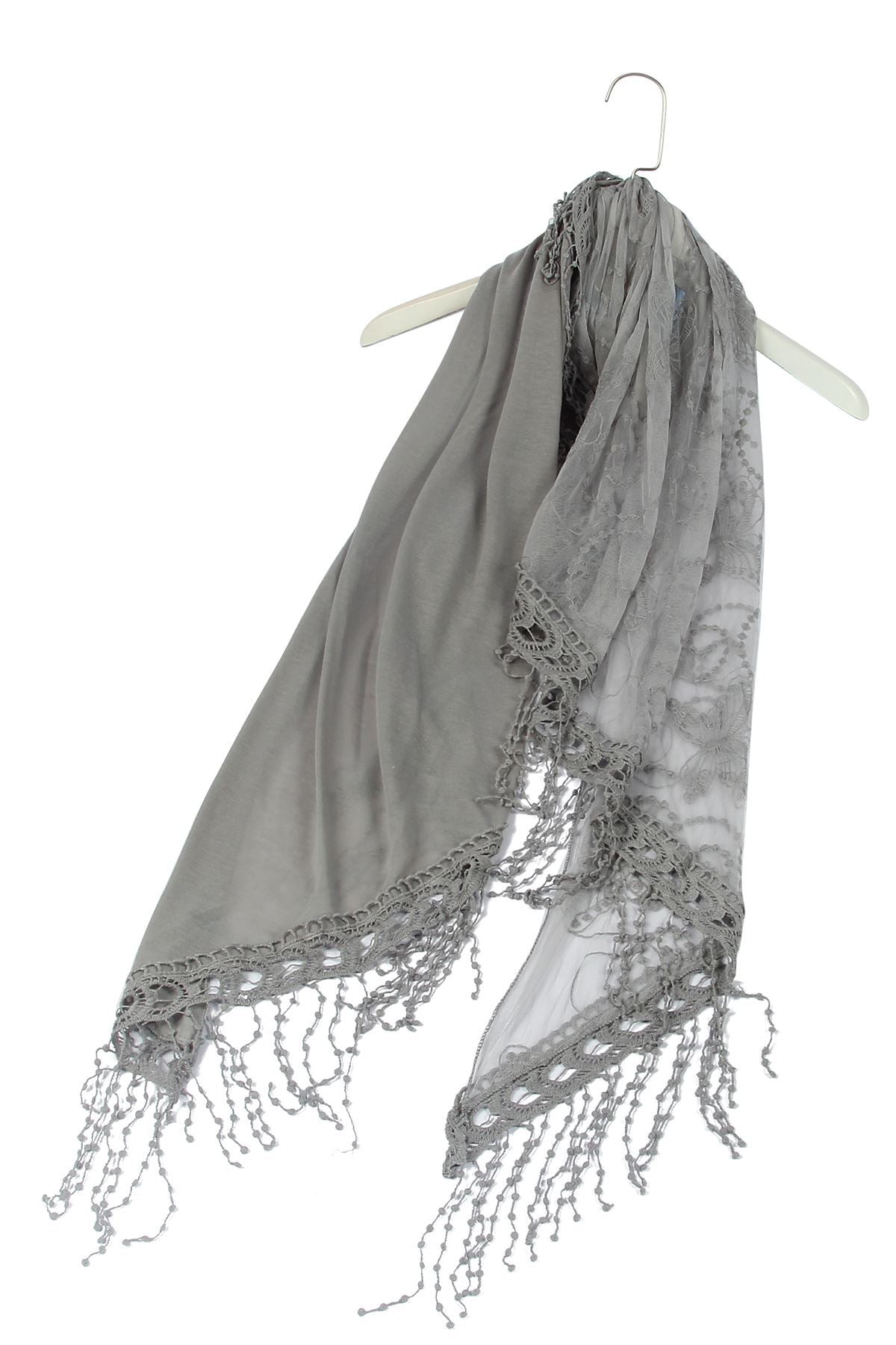 Bufanda-chal trapezoidal de algodón, 80 cm x 198 cm x 70 cm, estampado de encaje de mariposa, gris