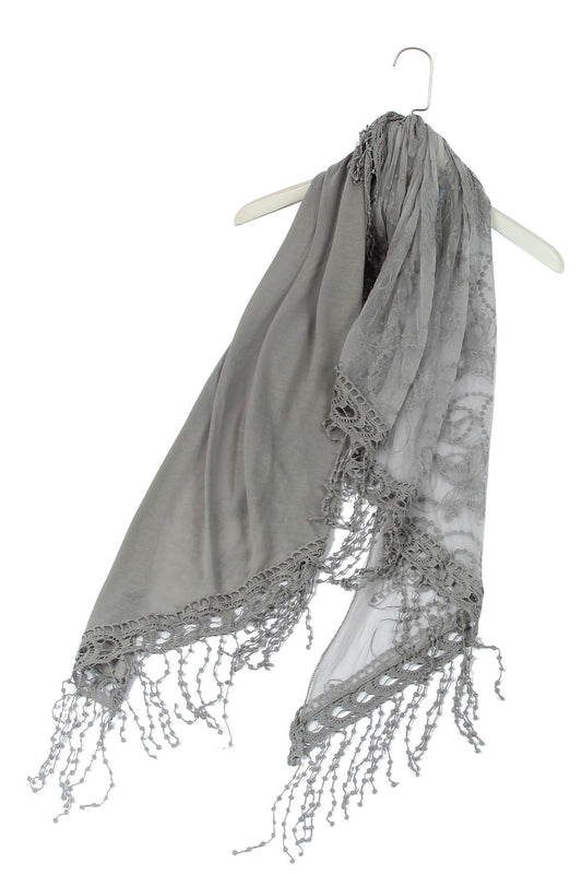 Bufanda-chal trapezoidal de algodón, 80 cm x 198 cm x 70 cm, estampado de encaje de mariposa, gris