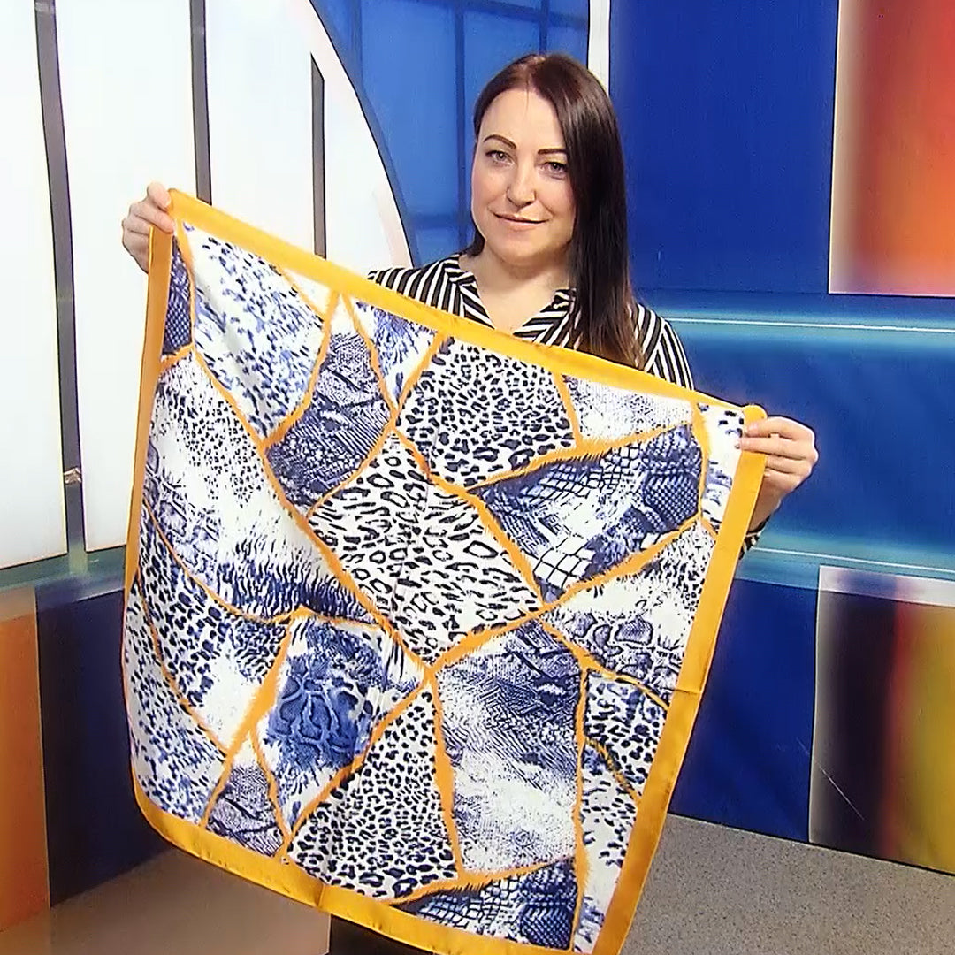 Pañuelo-Chal con estampado de serpiente y leopardo, azul y naranja, 70 cm x 70 cm 1 