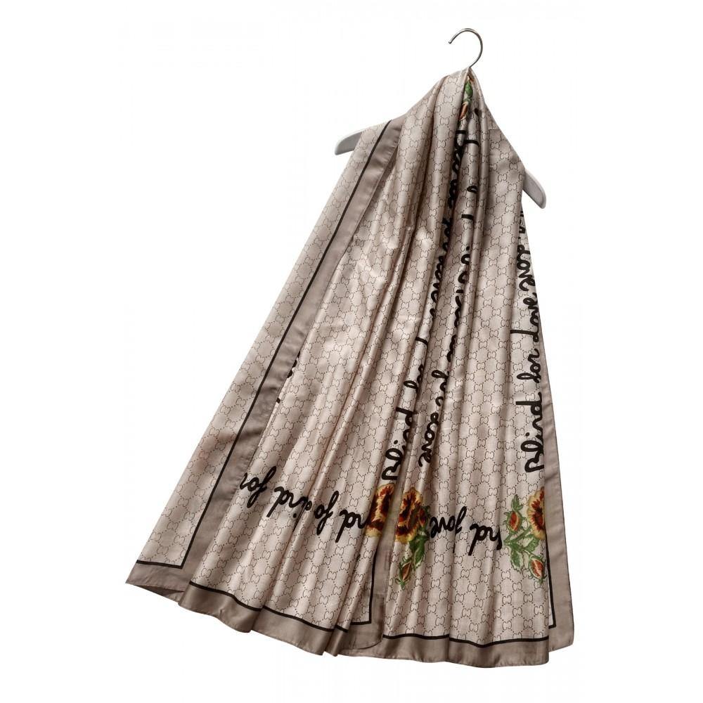 Pañuelo-Chal de seda, 90 cm x 180 cm, perla de diamantes con borde de texto elegante, beige 1 