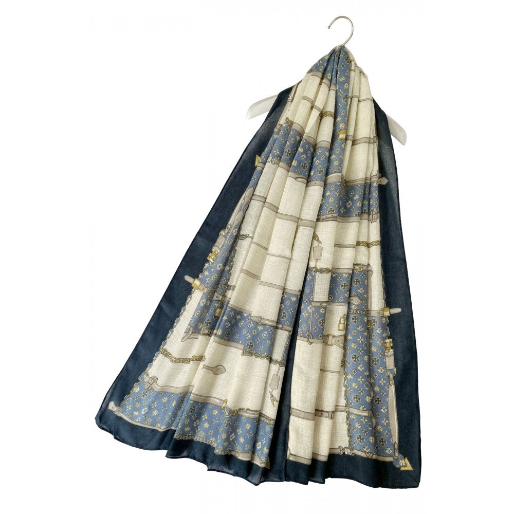 Bufanda-chal de algodón, 85 cm x 180 cm, estampado de hebilla de cinturón de moda, azul 2 