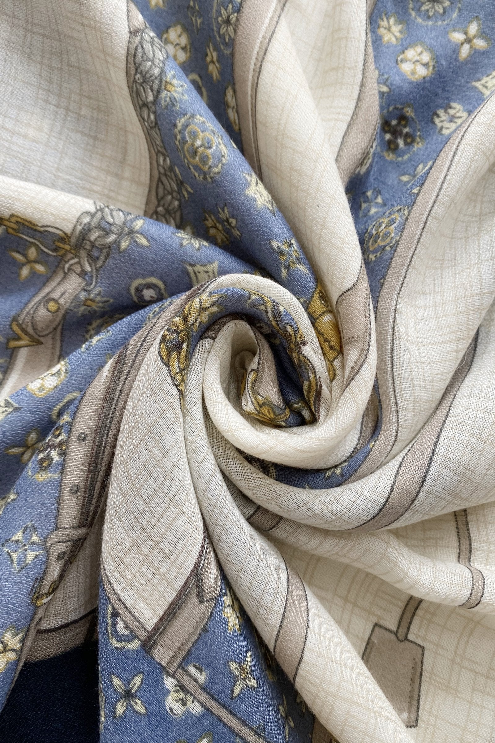 Bufanda-chal de algodón, 85 cm x 180 cm, estampado de hebilla de cinturón de moda, azul 3 