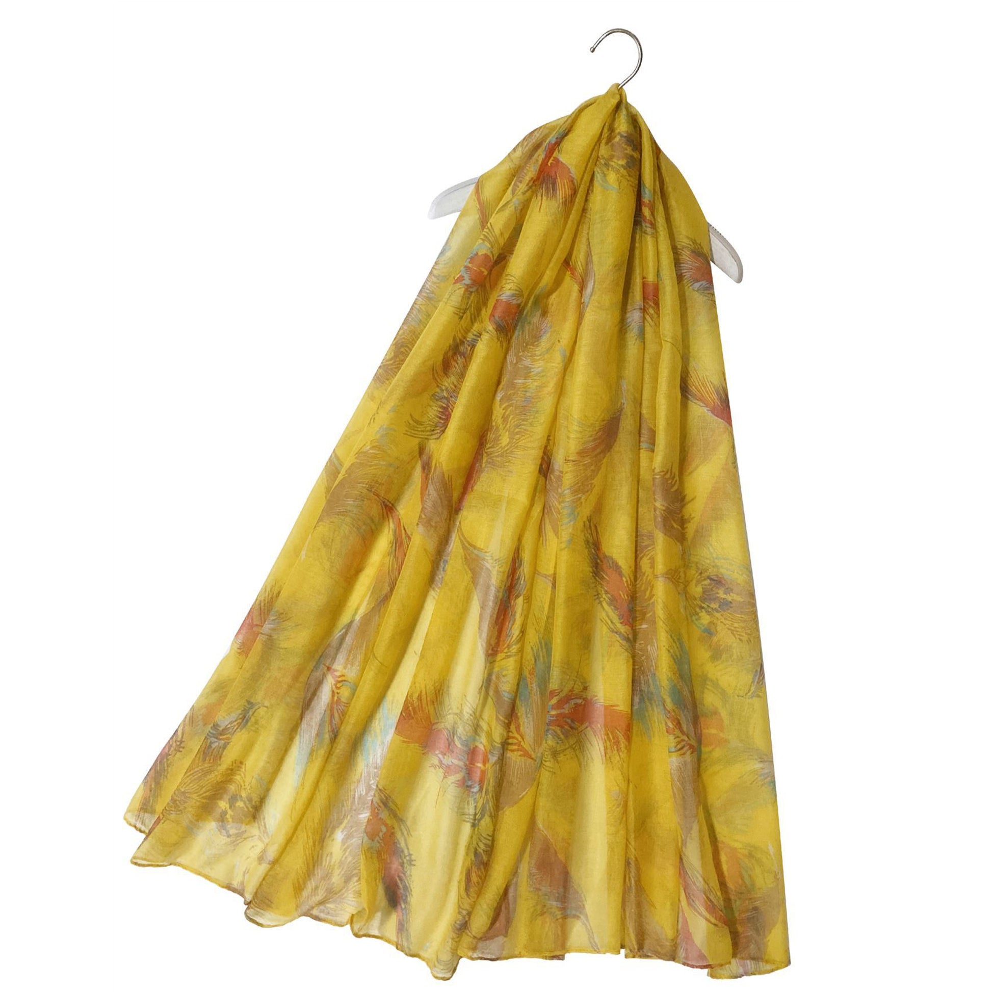 Bufanda-chal amarillo con estampado de plumas flotantes, 90 cm x 180 cm 2 