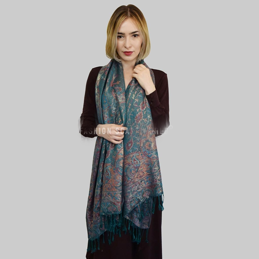 Bufanda de cachemira 100%  Pashmina auténtica, 70 cm x 180 cm, paisley verde azulado, brillante 2 