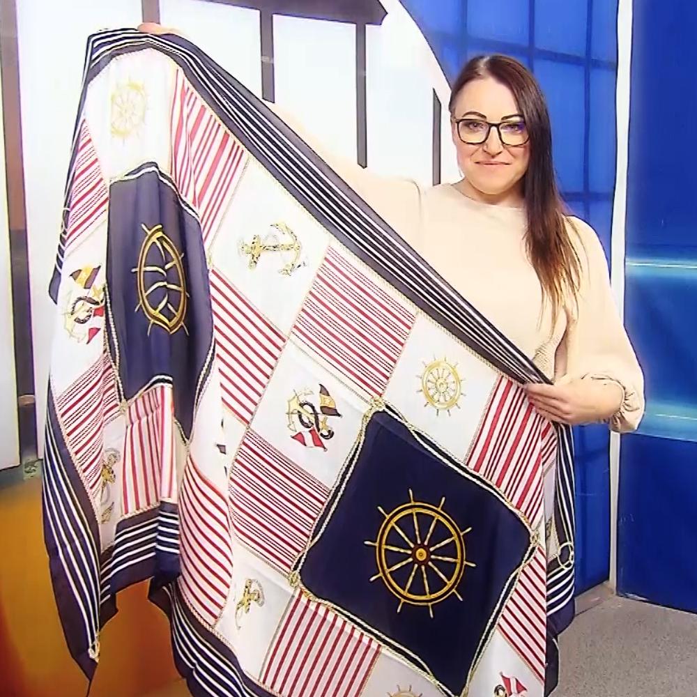Bufanda de seda, 90 cm x 180 cm, rueda náutica y estampado de ancla 1 