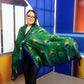 Pañuelo de seda, 90 cm x 180 cm, estampado de plumas de pavo real, verde