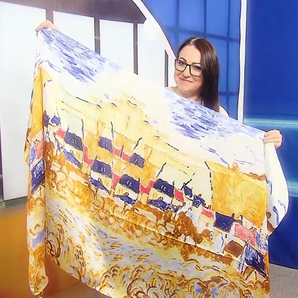 Pañuelo de 100% seda auténtica, 90 cm x 180 cm, estampado de pueblo de estilo impresionista 3 