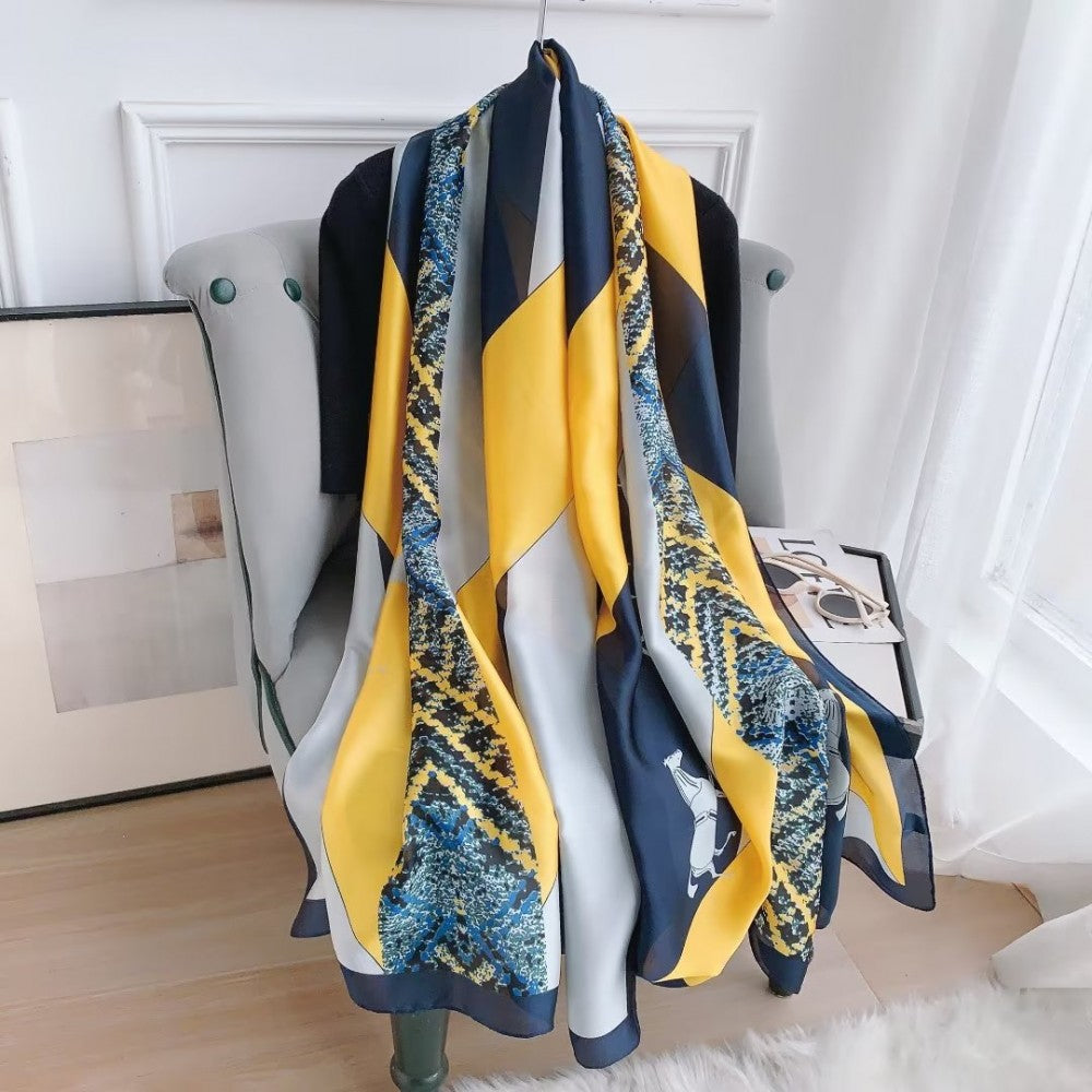 Bufanda de seda, 90 cm x 180 cm, caballo estiloso, amarillo, 100% seda 1 