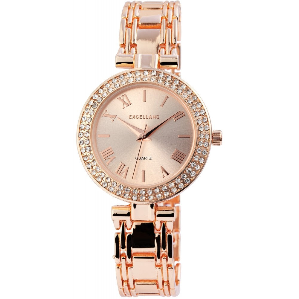 Reloj de pulsera de mujer Excellanc,con correa de metal, color oro rosa, estructura de cuarzo japonés, dial oro rosa 1 