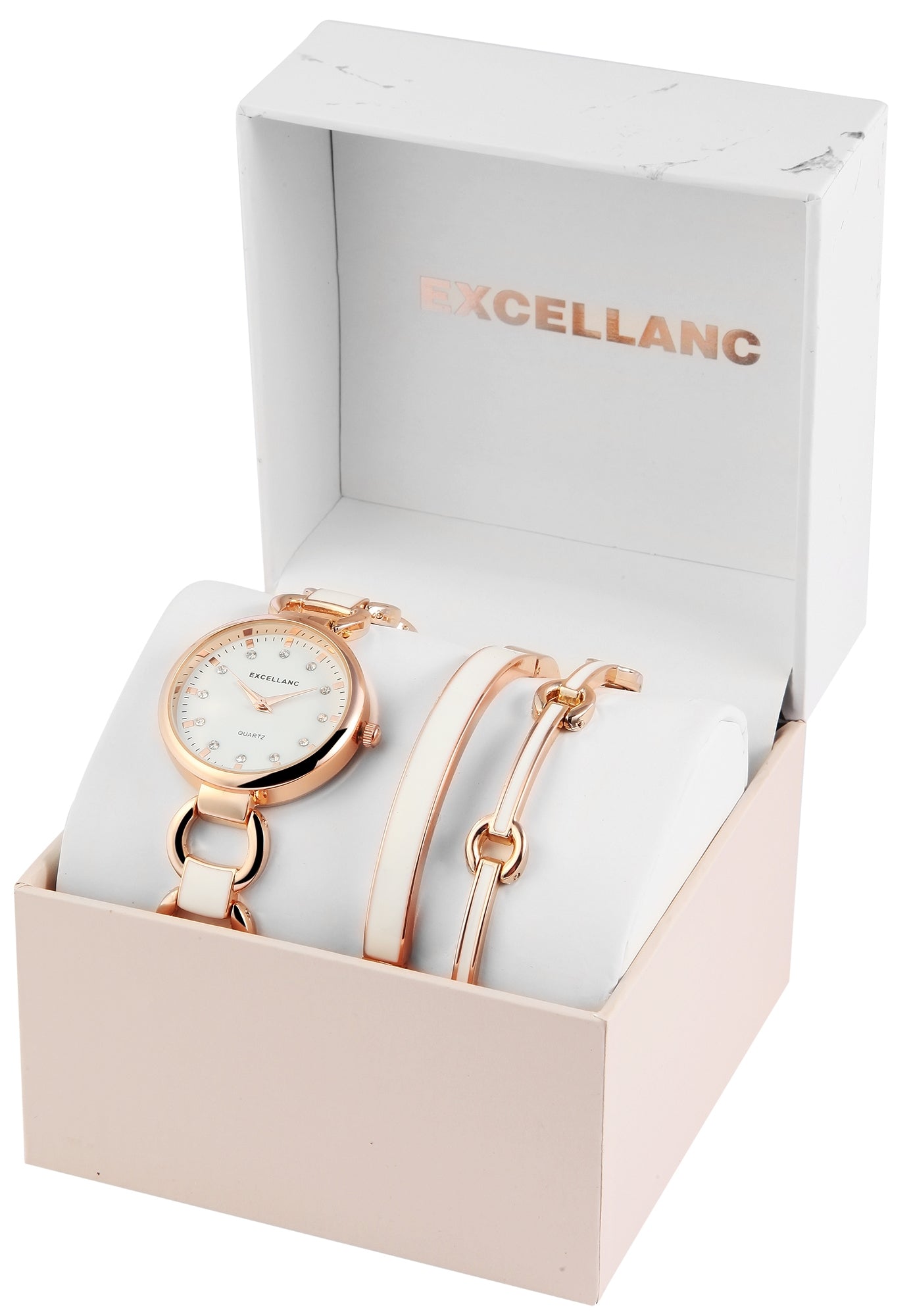 Reloj Excellanc para mujer con 2 brazaletes EX0429, color oro rosa, movimiento de cuarzo de alta calidad, color de esfera blanca 1 