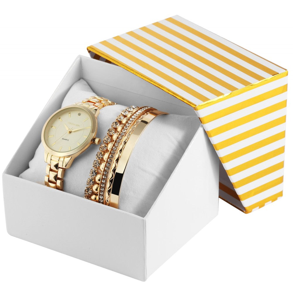 Estuche de regalo de reloj Excellanc: reloj para mujer + 2 pulseras, tono dorado EX0423, color dorado, movimiento de cuarzo de alta calidad, color de esfera amarilla 1 