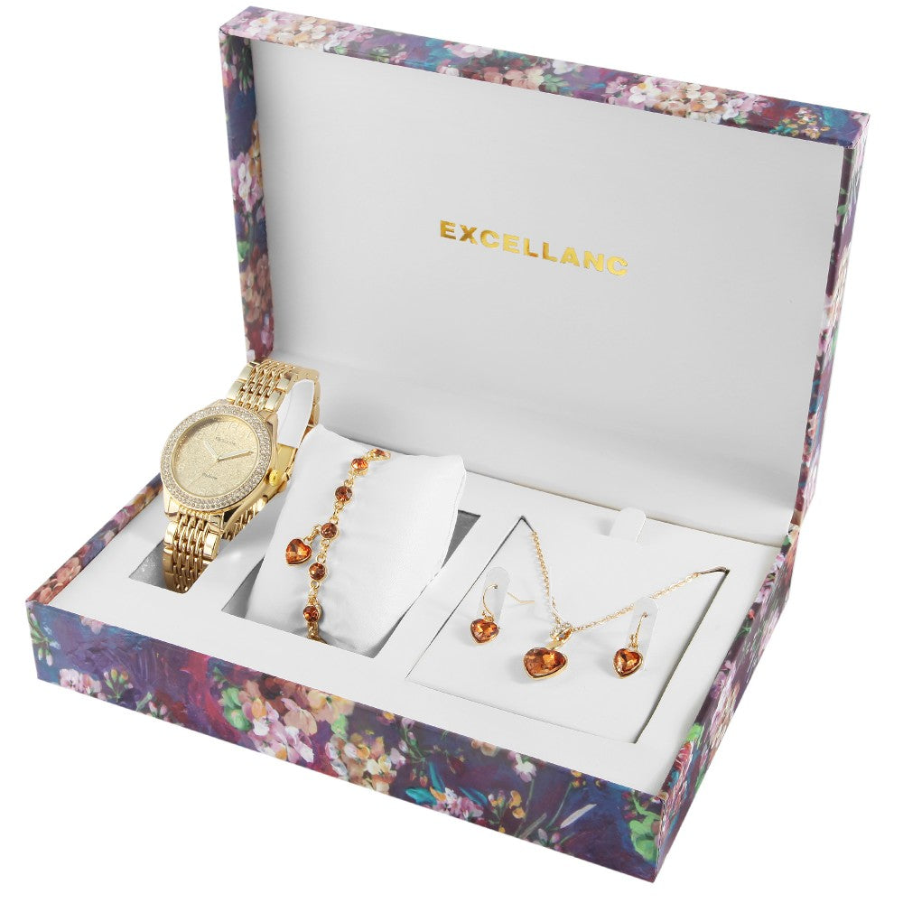 Juego de reloj de regalo para mujer Excellanc con pulsera y collar con cristales Emporia dorados en forma de corazón, tono dorado