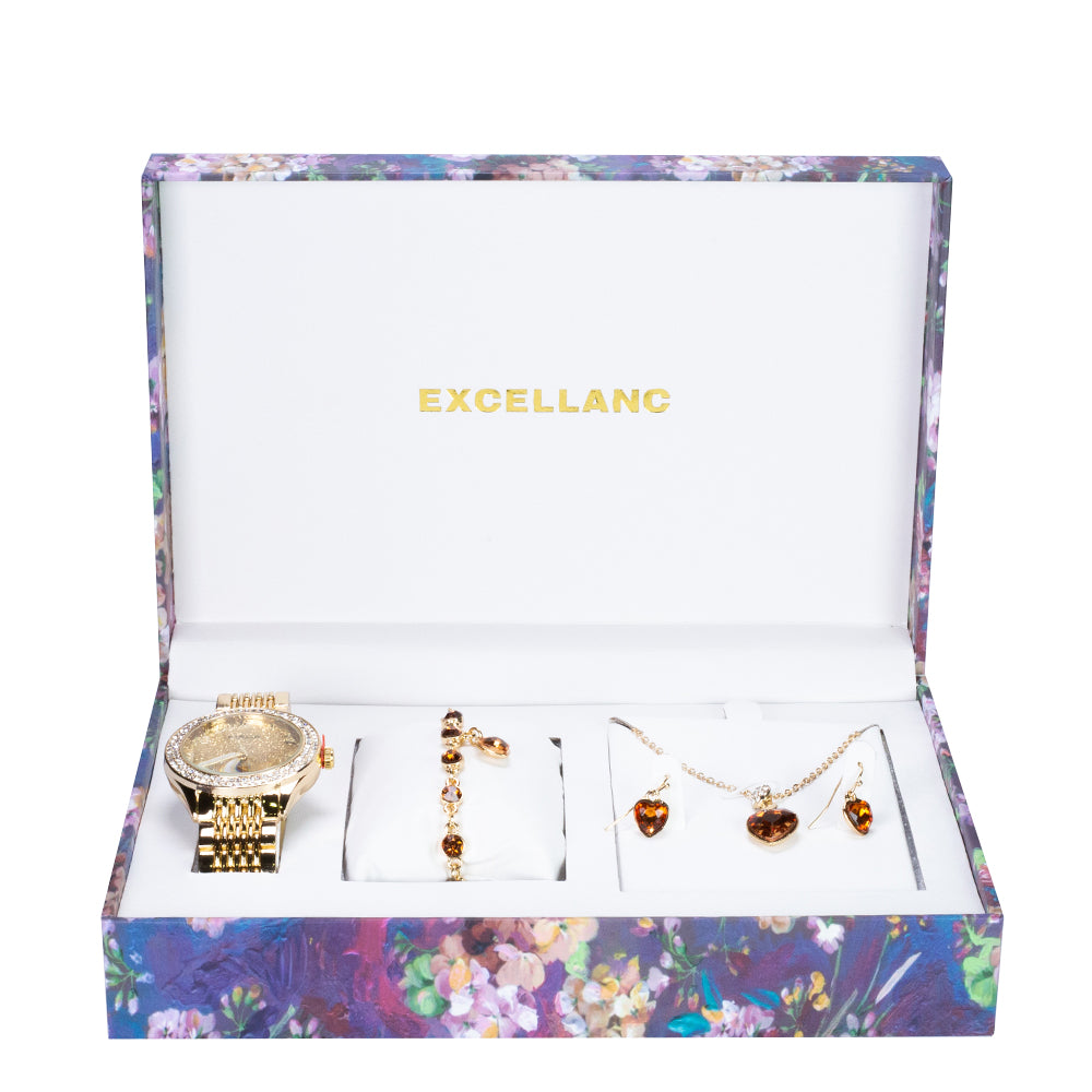 Juego de reloj de regalo para mujer Excellanc con pulsera y collar con cristales Emporia dorados en forma de corazón, tono dorado 1 
