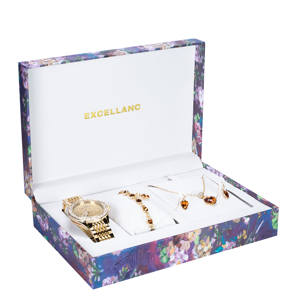 Juego de reloj de regalo para mujer Excellanc con pulsera y collar con cristales Emporia dorados en forma de corazón, tono dorado