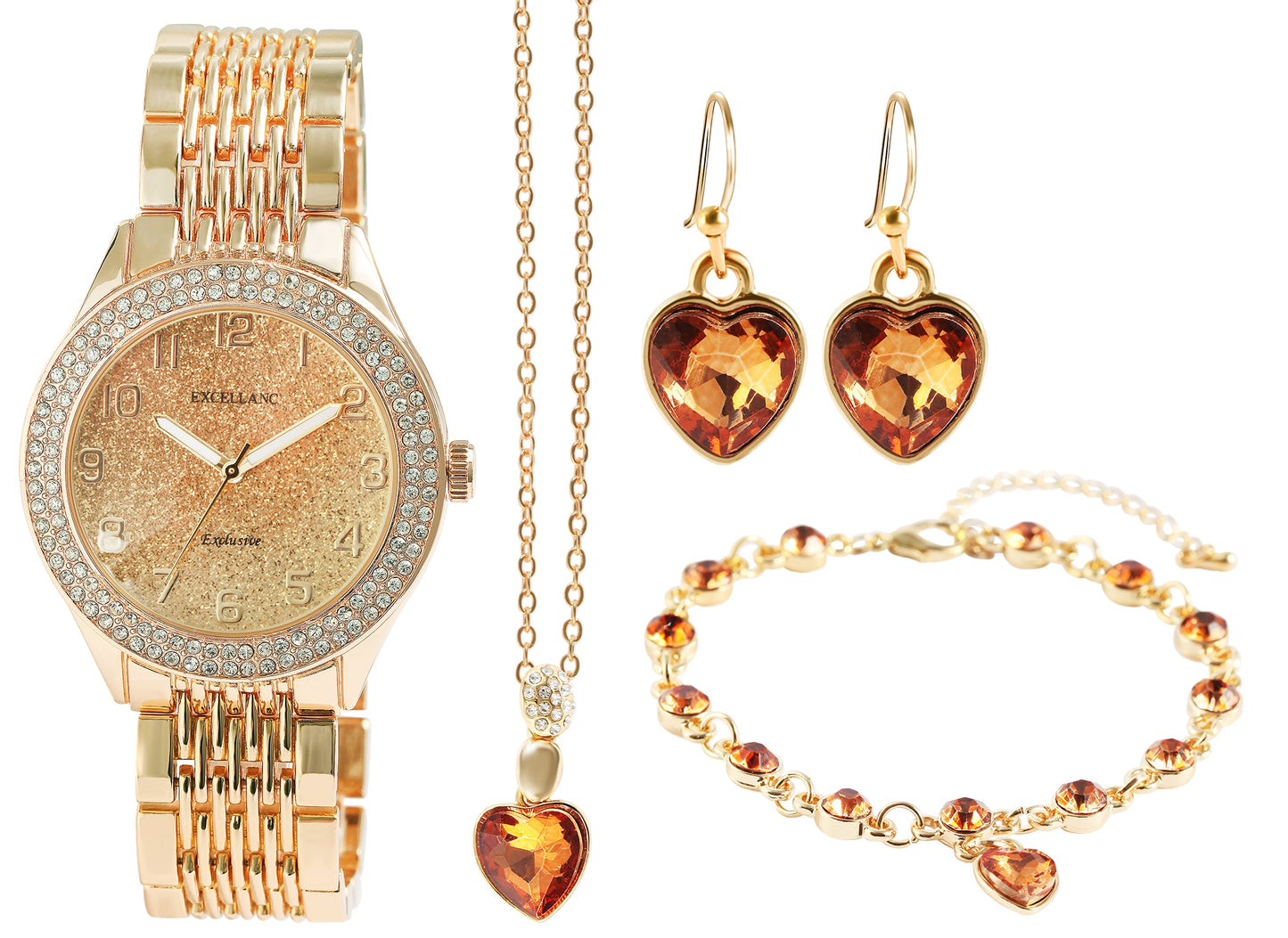 Juego de reloj de regalo para mujer Excellanc con pulsera y collar con cristales Emporia dorados en forma de corazón, tono dorado
