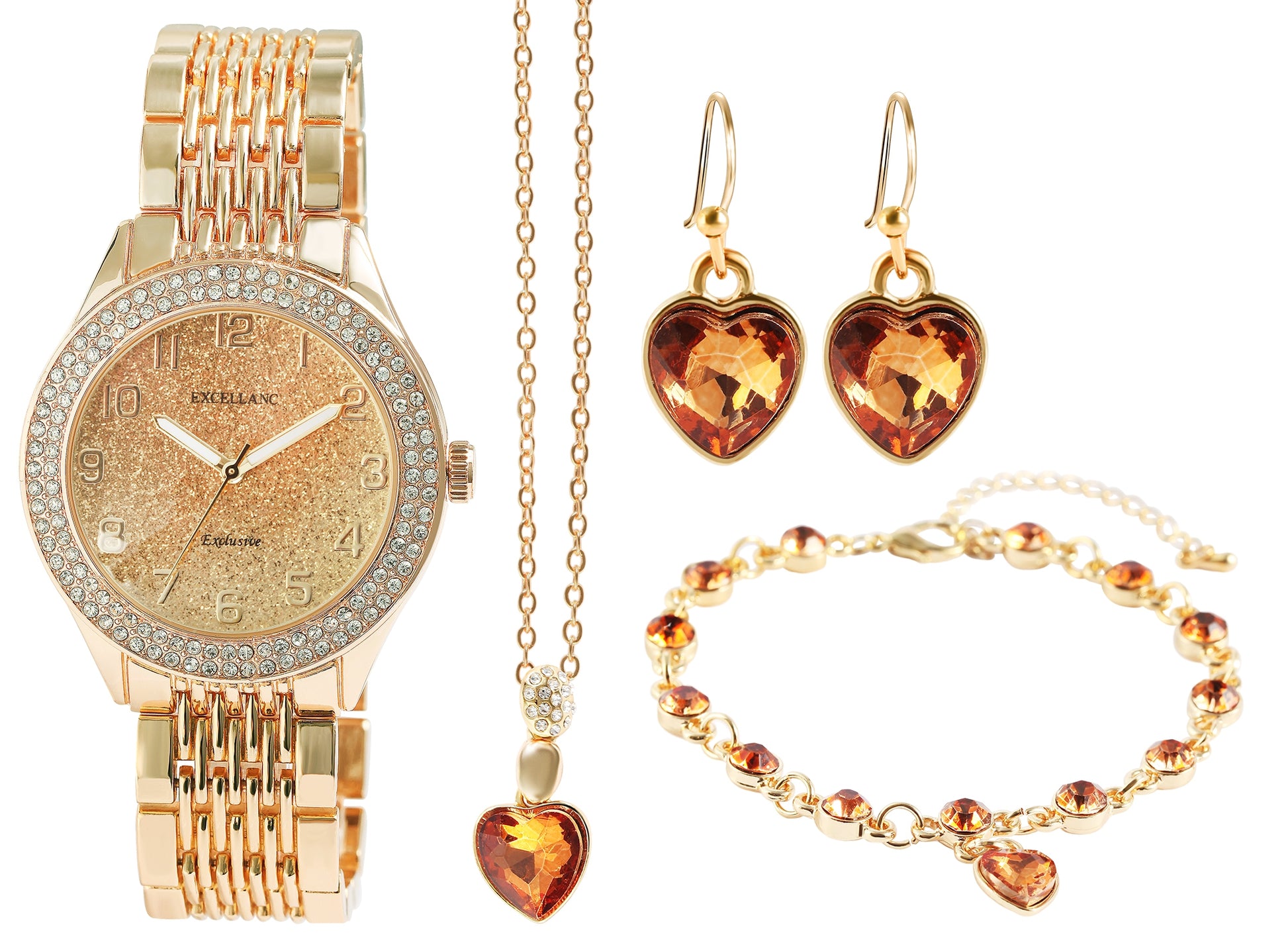 Juego de reloj de regalo para mujer Excellanc con pulsera y collar con cristales Emporia dorados en forma de corazón, tono dorado 2 