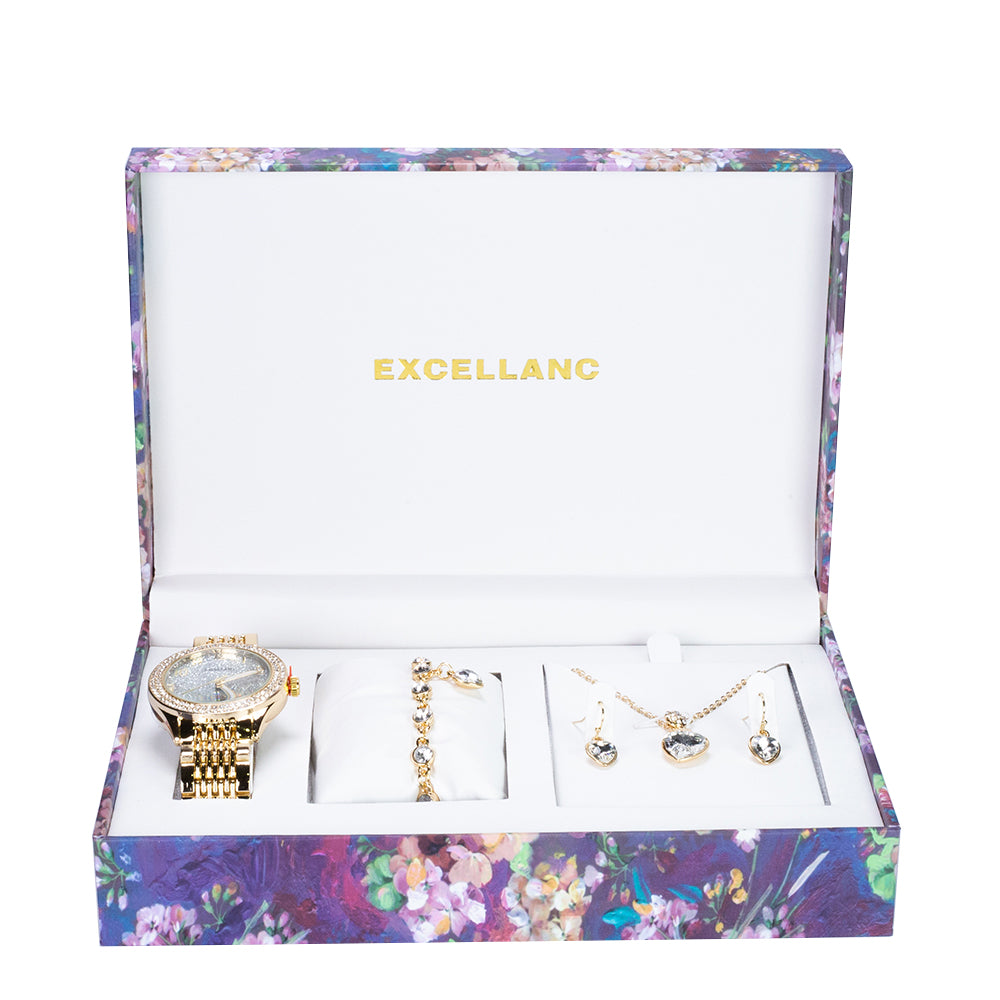 Juego de reloj de regalo para mujer Excellanc con pulsera y collar con cristales Emporia blancos en forma de corazón, tono dorado 1 