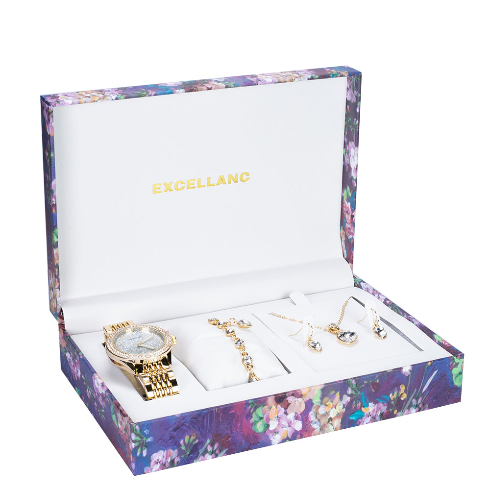 Juego de reloj de regalo para mujer Excellanc con pulsera y collar con cristales Emporia blancos en forma de corazón, tono dorado 3 