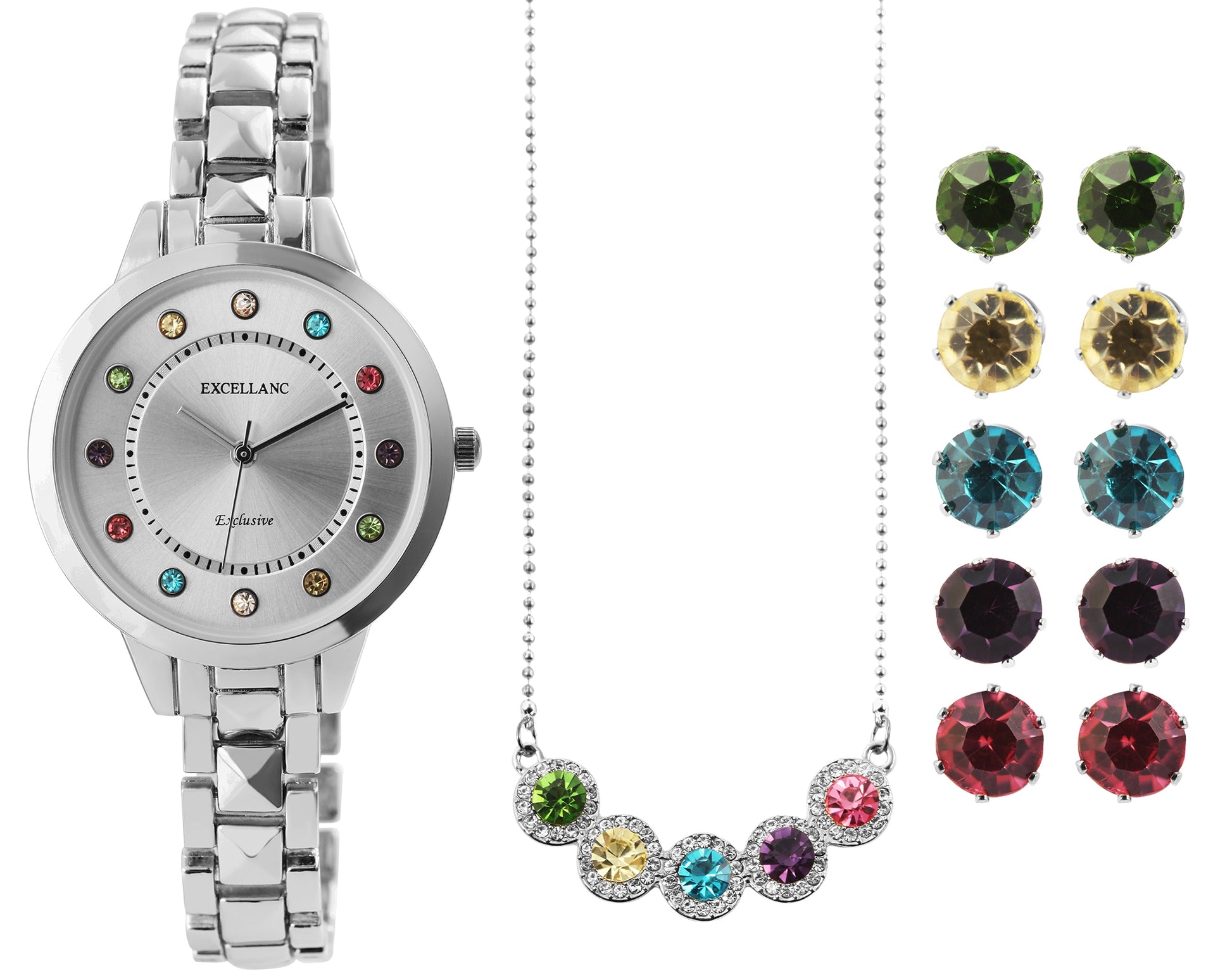 Juego de reloj de regalo para mujer Excellanc con 5 pares de aretes y 1 collar con cristales Emporia® multicolor, tono plateado 2 