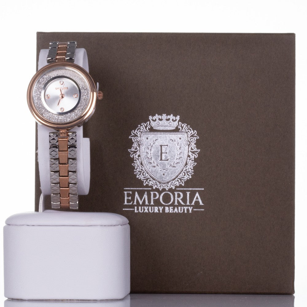 Reloj SKYLINE de aleación  bañada en ORO ROSA Y PLATA para mujer con cristales de cuarzo con Estuche regalo 1 