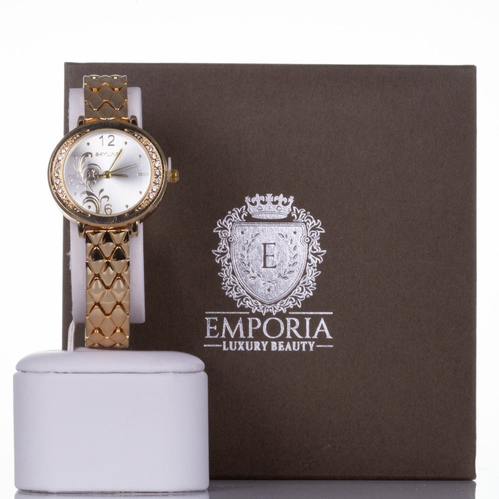 Reloj SKYLINE de aleación Bañado en oro para mujer con esfera de flores y cristales de cuarzo con caja de regalo 1 