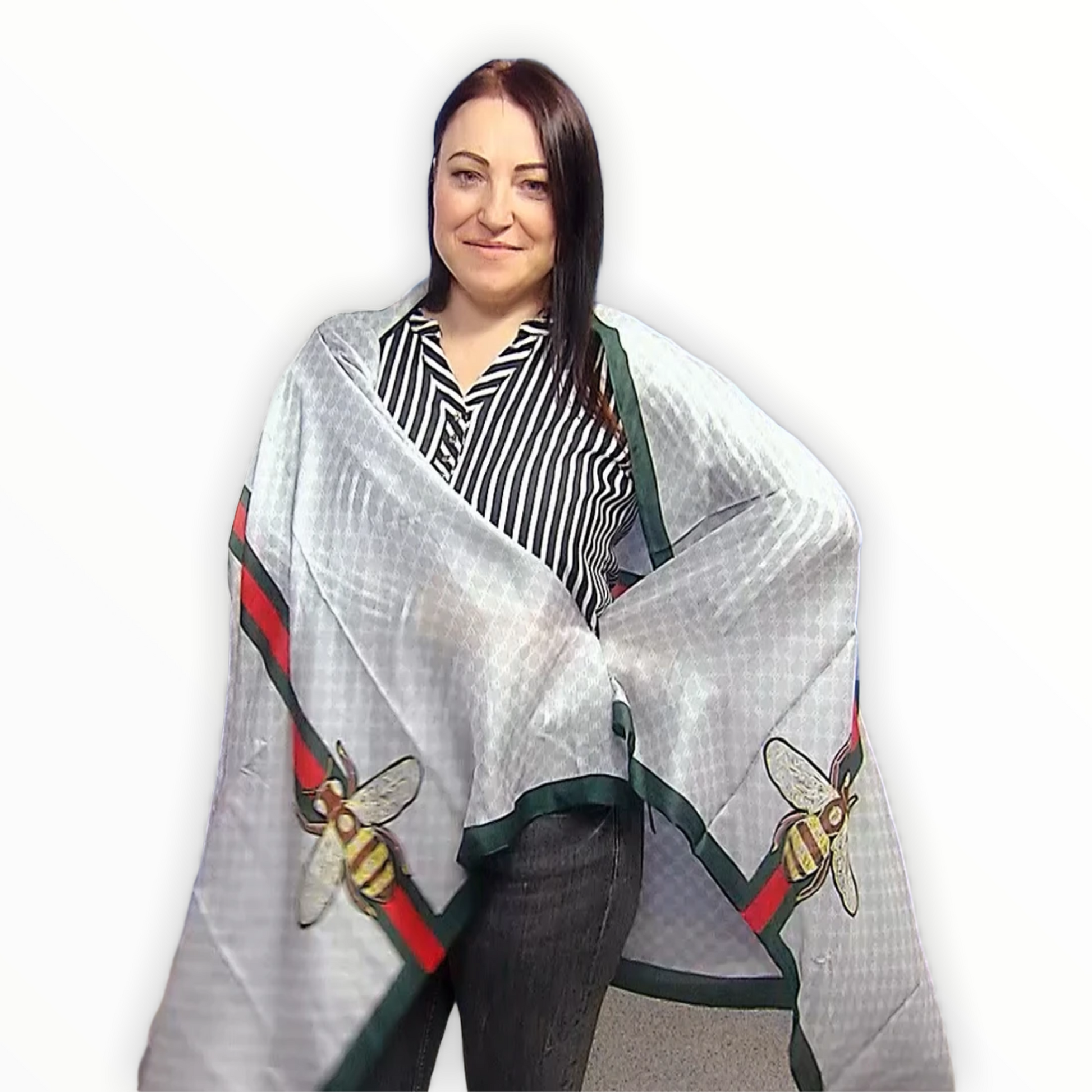 Bufanda-Mantón de Seda, 90 cm x 180 cm, Abeja de Moda con Borde, Gris Plata 2 