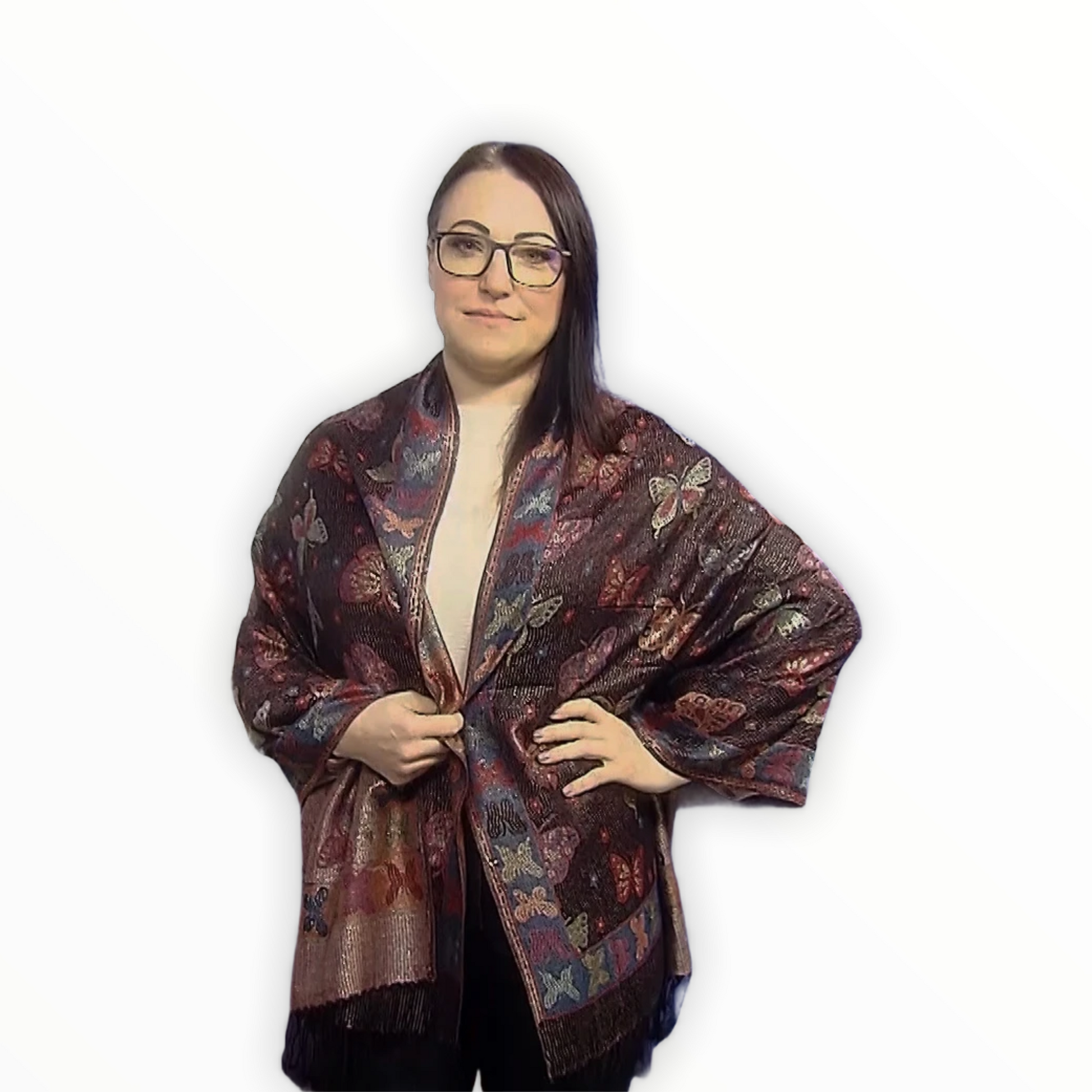Bufanda de cachemira 100% Pashmina auténtica, 70 cm x 170 cm, estampado de mariposas en negro brillante 1 