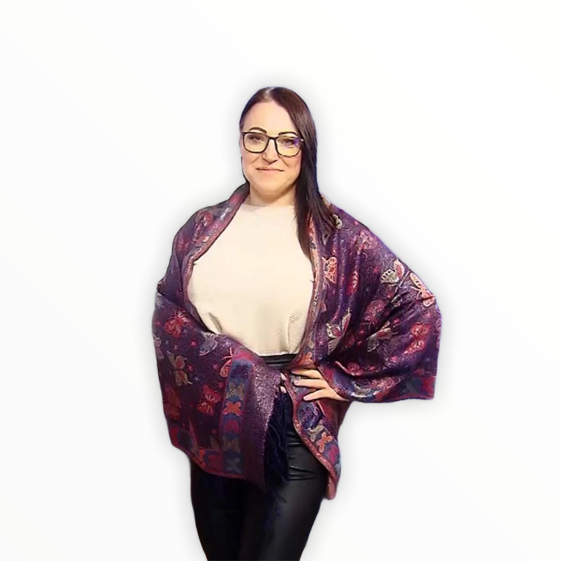 Bufanda de cachemira 100% pashmina auténtica, 70 cm x 170 cm, estampado de mariposas azul marino brillante 1 