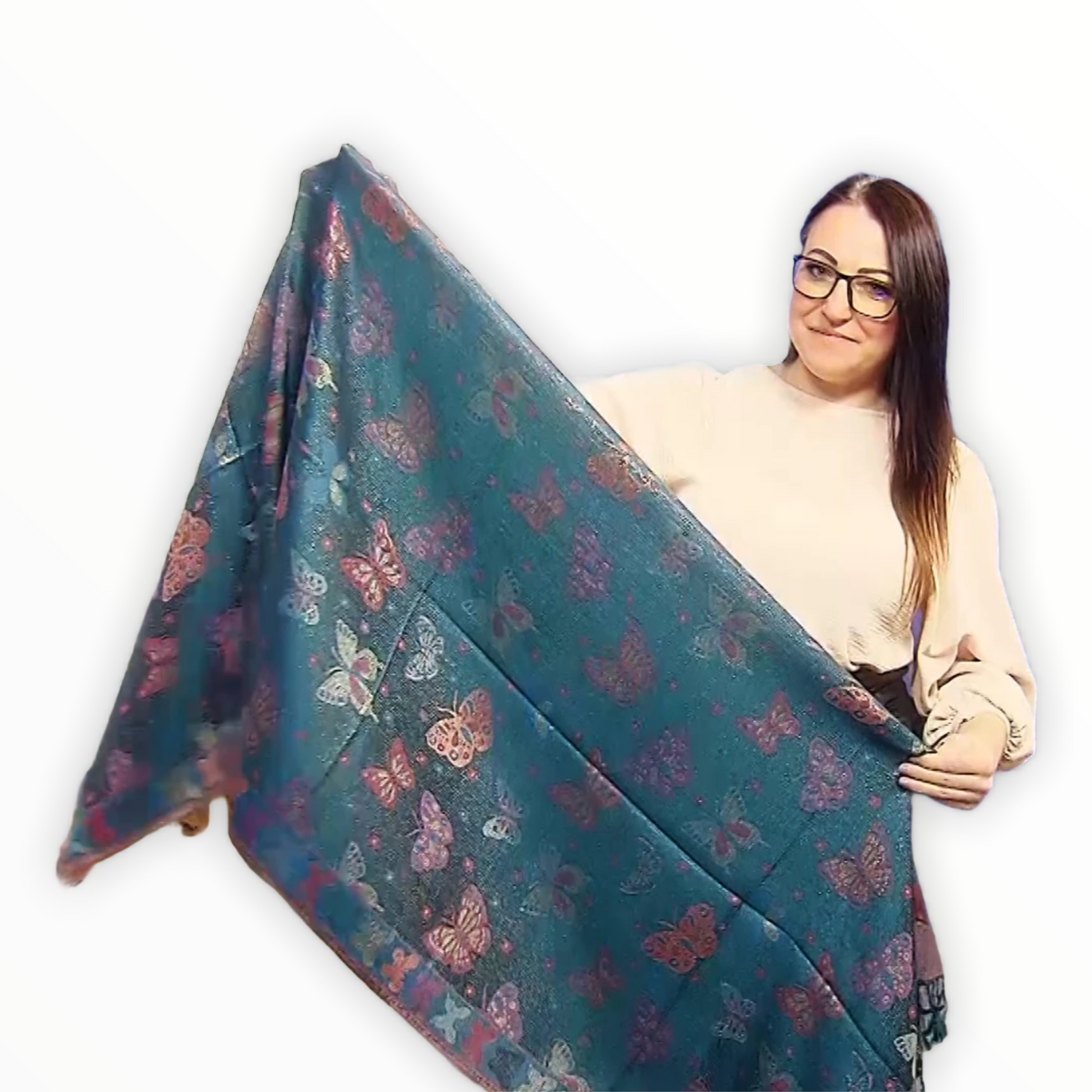 Bufanda de cachemira 100% Pashmina auténtica, 70 cm x 170 cm, verde azulado brillante con estampado de mariposas