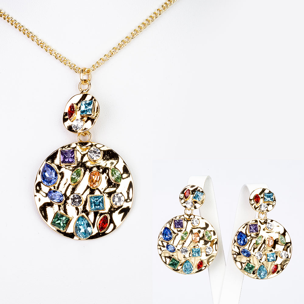 Conjunto de Aleación Bañado en Oro con Cristal Emporia® Rojo y Cristal Emporia® Azul ( Collar +Pendientes +Colgante ) 3 