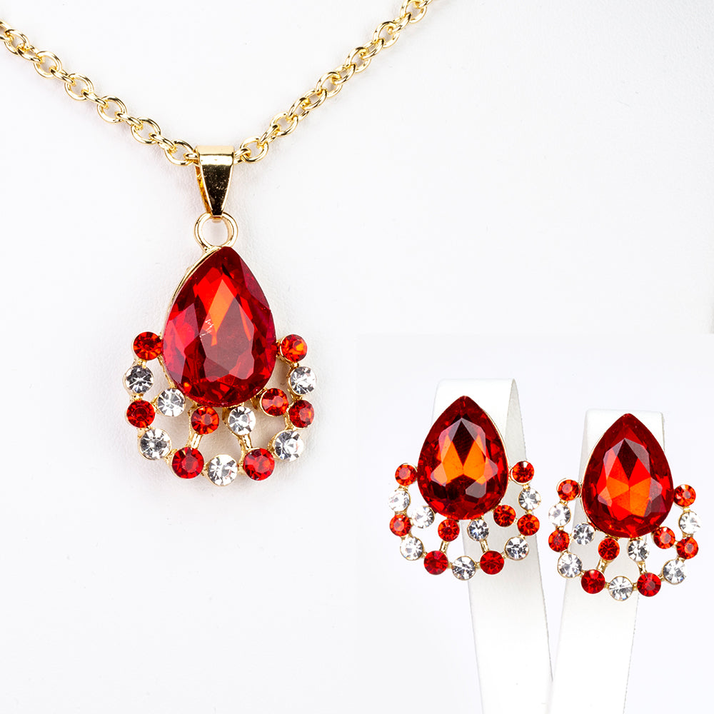 Conjunto de Aleación Bañado en Oro con Cristal Emporia® Rojo y Cristal Emporia® Blanco ( Collar +Pendientes +Colgante )