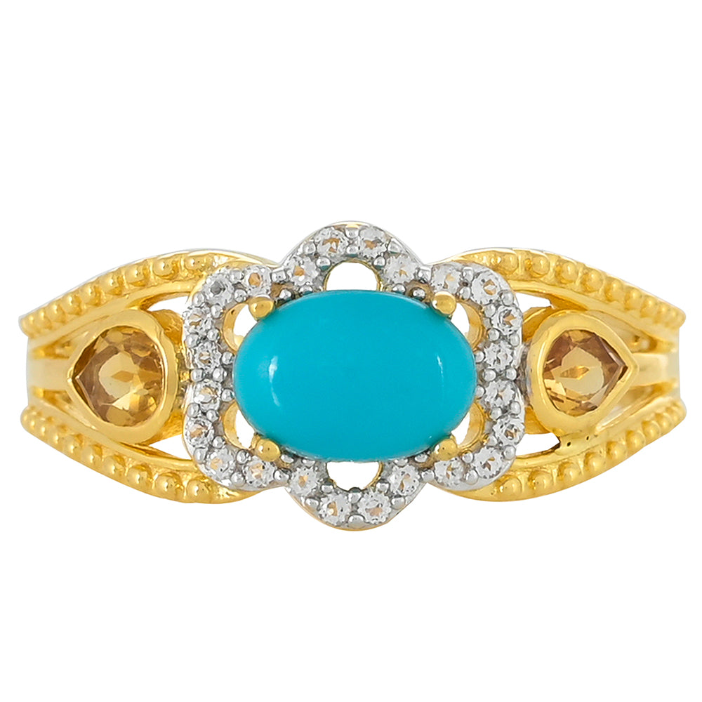 Anillo de Plata Bañada en Oro con Turquesa Bella Durmiente y Citrino