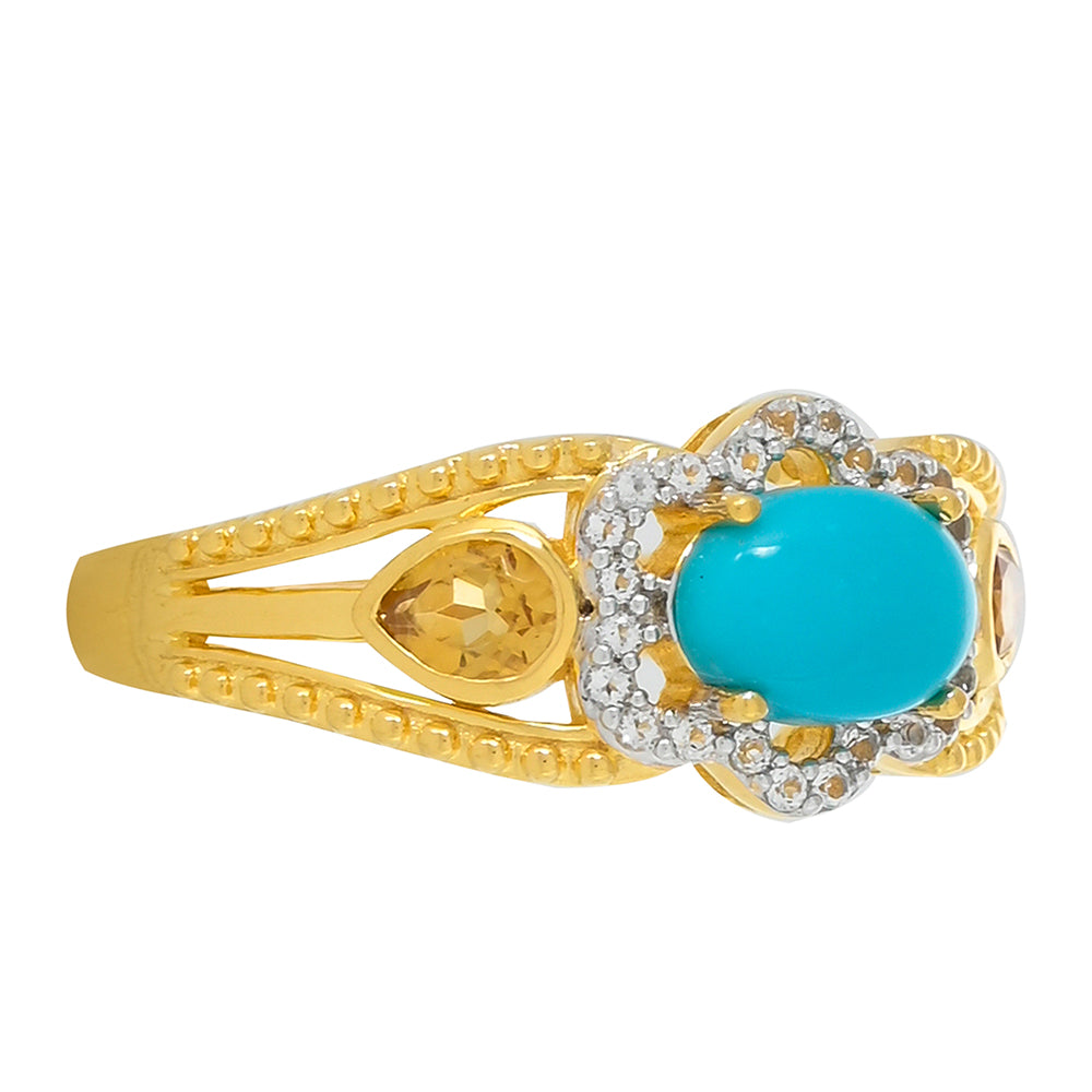 Anillo de Plata Bañada en Oro con Turquesa Bella Durmiente y Citrino 3 