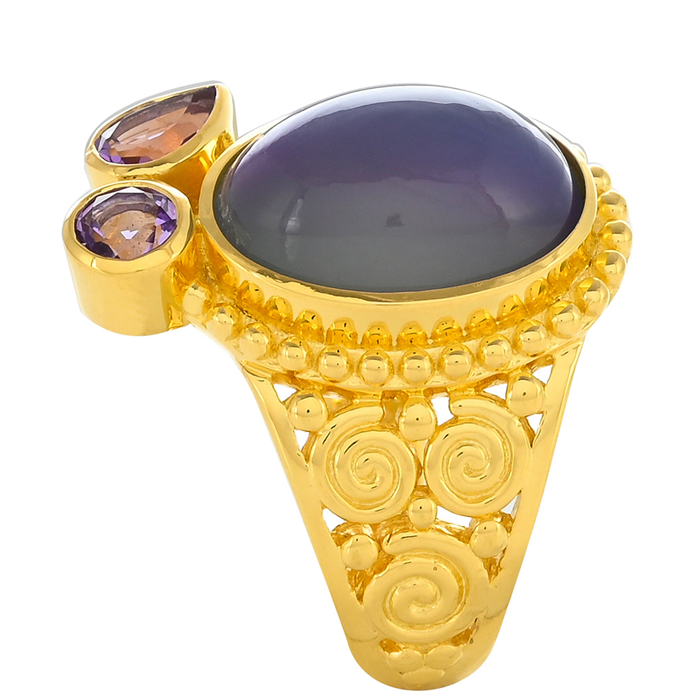 Anillo de Plata Bañada en Oro con Piedra Lunar Púrpura y Amatista de Marruecos 2 