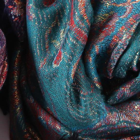 Bufanda de cachemira 100%  Pashmina auténtica, 70 cm x 180 cm, paisley verde azulado, brillante