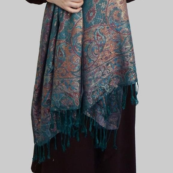 Bufanda de cachemira 100%  Pashmina auténtica, 70 cm x 180 cm, paisley verde azulado, brillante