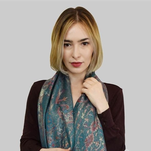 Bufanda de cachemira 100%  Pashmina auténtica, 70 cm x 180 cm, paisley verde azulado, brillante 5 