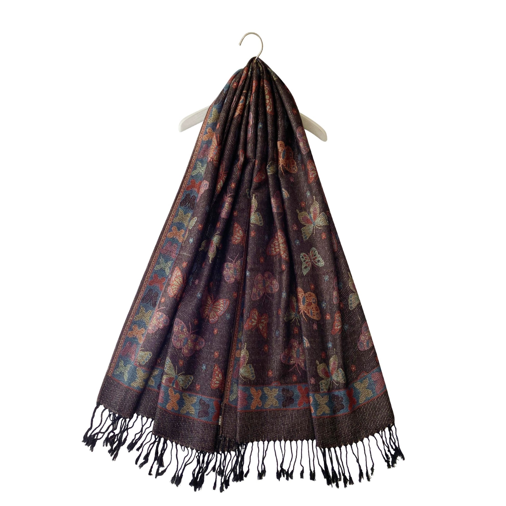 Bufanda de cachemira 100% Pashmina auténtica, 70 cm x 170 cm, estampado de mariposas en negro brillante 3 