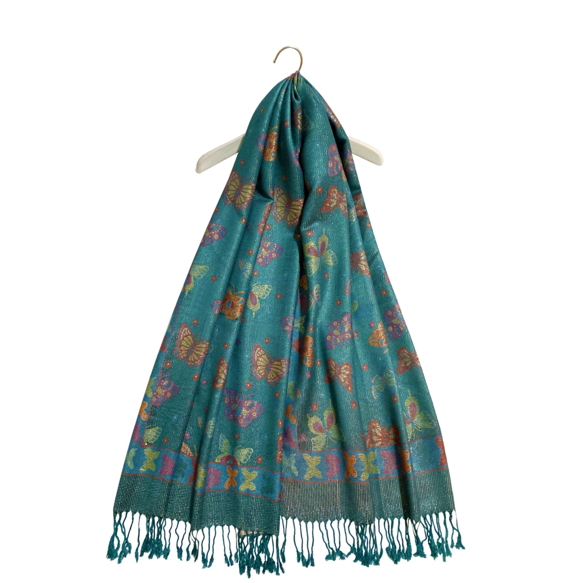Bufanda de cachemira 100% Pashmina auténtica, 70 cm x 170 cm, verde azulado brillante con estampado de mariposas 2 