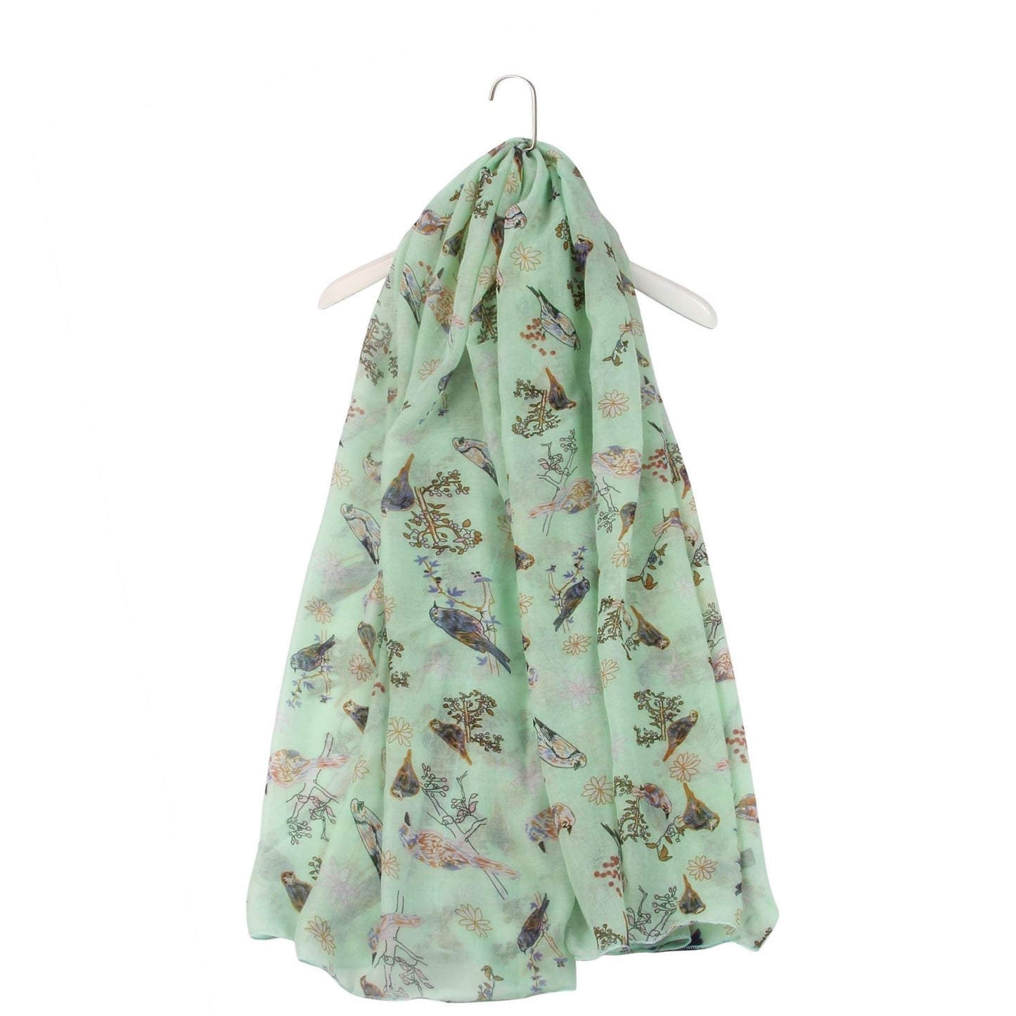 Bufanda verde menta con estampado floral y pájaro gorrión, 90 cm x 180 cm