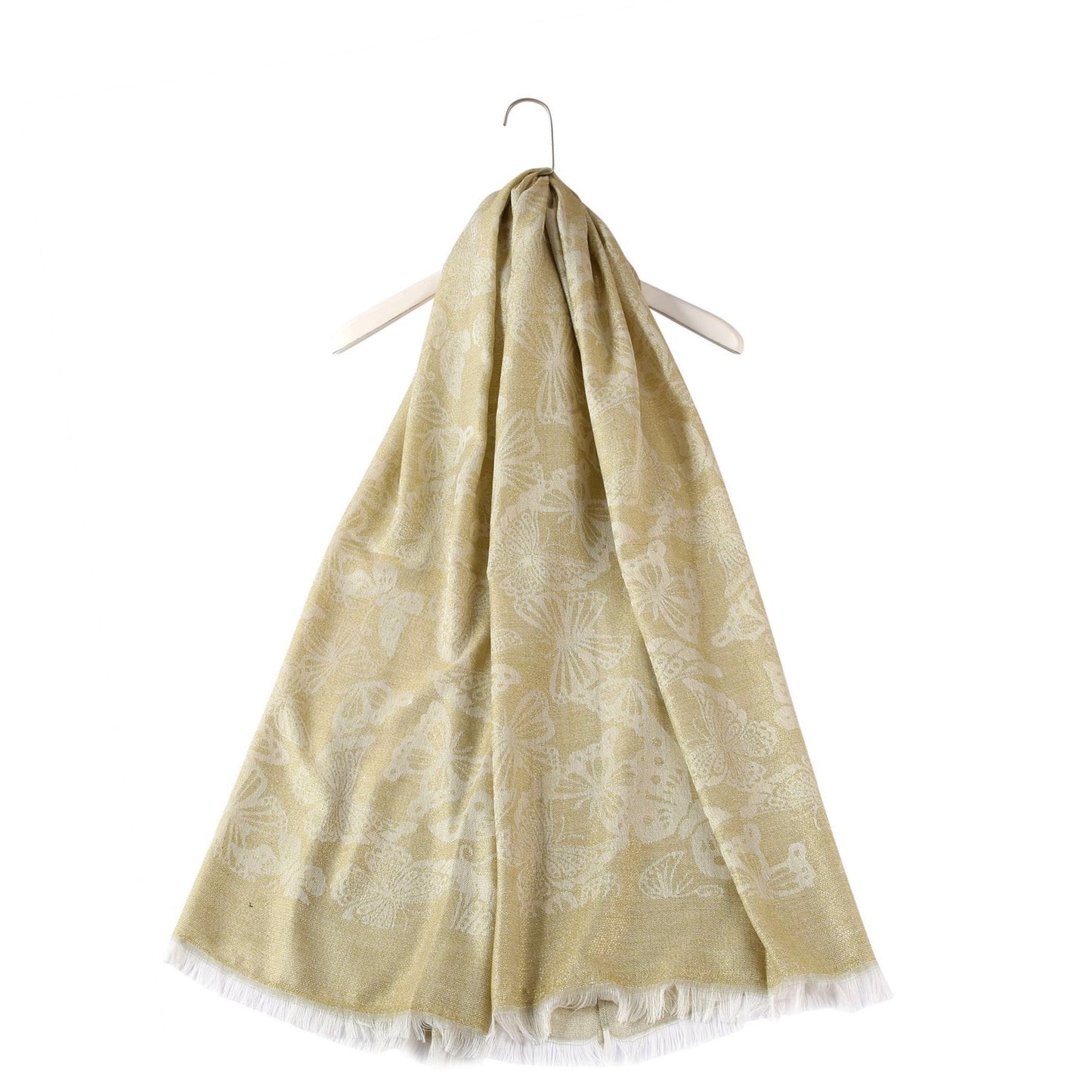 Pañuelo dorado brillante con estampado de mariposas, 70 cm x 180 cm