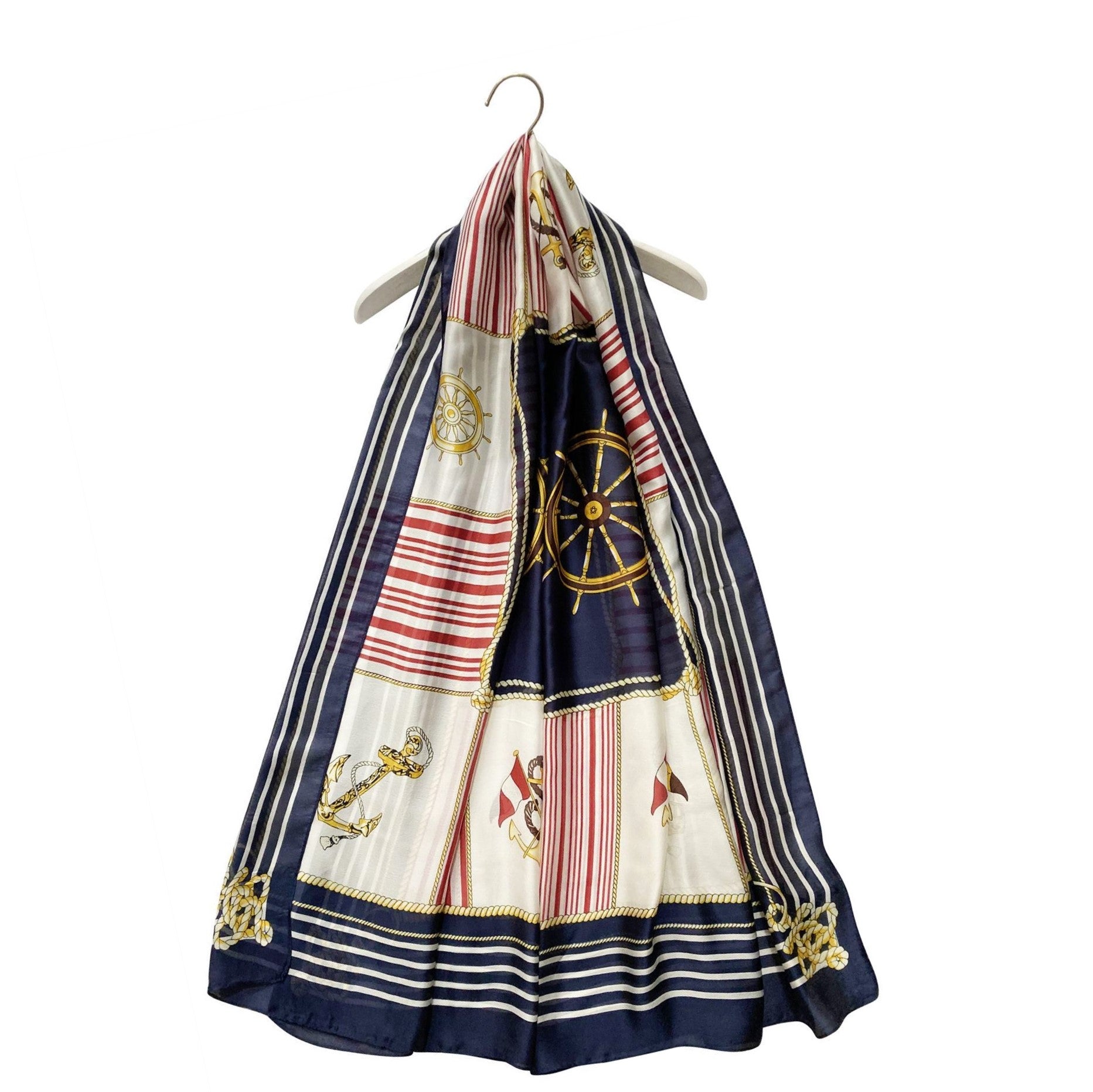 Bufanda de seda, 90 cm x 180 cm, rueda náutica y estampado de ancla 4 